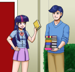 Size: 2000x1934 | Tagged: safe, artist:johnjoseco, derpibooru exclusive, night light, twilight sparkle, human, g4, book, clothes, duo, equestria girls outfit, father and daughter, female, humanized, library, male