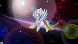 Size: 2560x1440 | Tagged: safe, artist:p1nk1e ra1n, rainbow dash, pony, g4, astrodash, astronaut, clothes, costume, female, lens flare, solo, space, spacesuit