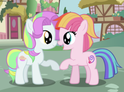 Size: 8057x5992 | Tagged: safe, artist:asika-aida, coconut cream, toola roola, earth pony, pony, fame and misfortune, g4, absurd resolution, cute, female, filly, looking at each other, ponyville, roolabetes, smiling