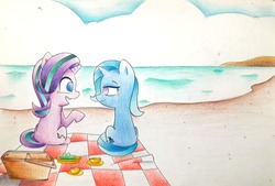 Size: 3216x2176 | Tagged: safe, artist:mustachedbain, starlight glimmer, trixie, pony, unicorn, g4, basket, beach, cup, duo, high res, picnic, picnic basket, picnic blanket, teacup, traditional art