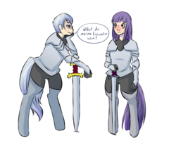 Size: 1024x845 | Tagged: safe, artist:cups, derpibooru exclusive, oc, oc only, oc:pebble, oc:sterling, satyr, armor, blushing, flirting, german, parent:maud pie, parent:silver spoon, shipping, simple background, sword, translated in the comments, translator:geistschlauch, transparent background, weapon