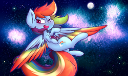 Size: 2200x1320 | Tagged: safe, artist:ashee, rainbow dash, pony, g4, colored wings, female, flying, moon, multicolored wings, one eye closed, rainbow, rainbow wings, smiling, solo, space, stars, wink