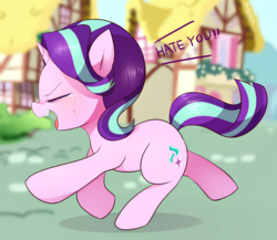 Size: 1151x998 | Tagged: safe, artist:maren, starlight glimmer, pony, unicorn, g4, blushing, crying, dialogue, eyes closed, female, mare, ponyville, running, smiling, solo, yelling