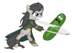 Size: 1024x755 | Tagged: safe, octavia melody, earth pony, pony, g4, arc, bipedal, elrond, female, food, green, katana, lord of the rings, mare, meme, pickle, pickle rick, rick and morty, rick sanchez, simple background, slash, swing, sword, transparent background, weapon