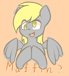 Size: 388x429 | Tagged: safe, artist:puetsua, derpy hooves, pegasus, pony, g4, bust, colored sketch, female, mare, orange background, simple background, smiling, solo