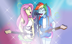 Size: 5787x3543 | Tagged: safe, artist:sumin6301, fluttershy, rainbow dash, equestria girls, g4, clothes, electric guitar, eyes closed, female, guitar, microphone, multicolored hair, musical instrument, open mouth, singing, smiling