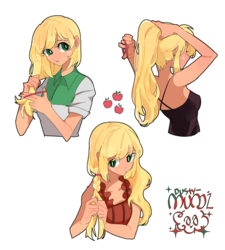 Size: 958x1064 | Tagged: safe, artist:dusty-munji, applejack, human, g4, alternate hairstyle, beautiful, blonde, braid, braiding, clothes, female, hair, hatless, humanized, missing accessory, rear view, simple background, white background