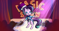 Size: 967x512 | Tagged: safe, artist:grim ponka, starlight glimmer, pony, unicorn, g4, bipedal, clothes, collaboration, costume, cute, female, hat, magic show, magician outfit, mare, smiling, spotlight, top hat, wand