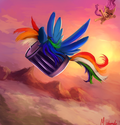 Size: 1400x1460 | Tagged: safe, artist:miokomata, fluttershy, rainbow dash, cat, catified, cloud, duo, eyes closed, falling, fluttercat, flying, inanimate tf, literal, pun, rainbow trash, smiling, species swap, spread wings, transformation, trash can, visual pun, wat, wings