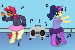 Size: 1024x693 | Tagged: safe, artist:oneovertwo, oc, oc only, oc:gibbous, oc:glimmer, satyr, boombox, dancing, duo, music, parent:moondancer, parent:twilight sparkle