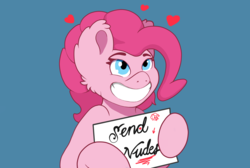 Size: 2048x1378 | Tagged: safe, artist:onsti, pinkie pie, earth pony, pony, g4, blue background, female, heart, send nudes, sign, simple background, smiling, solo, we don't normally wear clothes