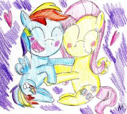 Size: 596x533 | Tagged: safe, artist:ptitemouette, fluttershy, rainbow dash, pony, fame and misfortune, g4, blushing, female, heart, lesbian, ship:flutterdash, shipping, traditional art