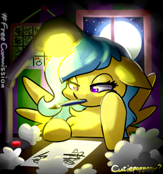 Size: 1500x1600 | Tagged: safe, artist:cutiepoppony, oc, oc only, pony, commission, moon, night, solo, thinking, wings
