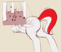 Size: 1280x1089 | Tagged: safe, artist:marsminer, oc, oc only, oc:peppermint pattie, pony, butt, christmas, christmas tree, female, flank, fleas, flesh, fur, holiday, inside coat, party, plot, present, solo, stars, tail, tree, wat, zoomed in