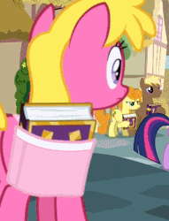 Size: 362x473 | Tagged: safe, screencap, carrot top, cherry berry, golden harvest, twilight sparkle, alicorn, earth pony, pony, fame and misfortune, g4, animated, background pony, bag, cough, cropped, female, friendship journal, gif, hoof hold, male, mare, saddle bag, stallion, twilight sparkle (alicorn)