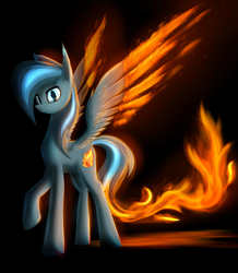 Size: 1920x2200 | Tagged: safe, artist:phenya, oc, oc only, oc:firefly, pegasus, phoenix, pony, dark background, feather, fire, glowing, light, male, stallion, tail, wings