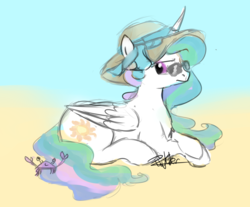 Size: 2599x2152 | Tagged: safe, artist:pucksterv, princess celestia, alicorn, crab, pony, g4, colored sketch, female, frown, glare, hat, high res, lidded eyes, looking back, mare, prone, solo, sunglasses, unamused