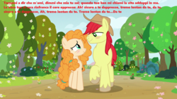 Size: 1280x720 | Tagged: safe, edit, edited screencap, screencap, bright mac, pear butter, earth pony, pony, g4, the perfect pear, apple orchard, apple tree, apples pears, blushing, don pasquale, female, flower, gaetono donizetti, italian, male, meme, opera, otp, pear tree, ship:brightbutter, shipping, song reference, spring, straight, tornami a dir che m'ami, translated in the description, tree