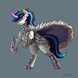 Size: 1436x1428 | Tagged: safe, artist:wynnchi, shining armor, pony, unicorn, g4, armor, corrupted shining armor, crown, curved horn, dark magic, horn, jewelry, king shadow armor, king shining sombra, magic, male, possessed, rearing, regalia, shadow armor, simple background, solo, sombra eyes, stallion