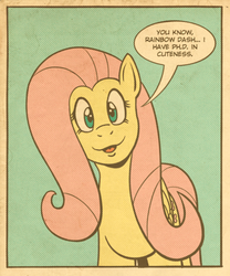 Size: 637x764 | Tagged: safe, artist:regularmouseboy, fluttershy, pony, g4, comic, cute, female, looking at you, old school, remake, retro, simple background, solo, speech bubble, vintage