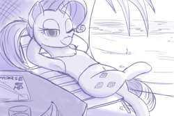 Size: 2300x1533 | Tagged: safe, artist:j24262756, rarity, pony, g4, armpits, beach, crossed legs, female, looking at you, magazine, mare, monochrome, one eye closed, sketch, smiling, solo