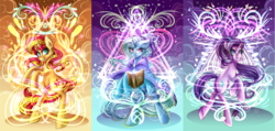Size: 5220x2490 | Tagged: safe, artist:karmamoonshadow, starlight glimmer, sunset shimmer, trixie, pony, unicorn, g4, book, cape, clothes, counterparts, magic, magical trio, trio, trixie's cape, twilight's counterparts