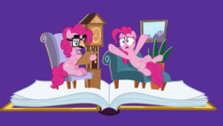 Size: 7680x4320 | Tagged: safe, artist:frownfactory, pinkie pie, earth pony, pony, fame and misfortune, g4, .svg available, absurd resolution, blue eyes, book, chair, clock, couch, cutie mark, disguise, fake glasses, female, glasses, mare, pink coat, pink hair, pink mane, pink tail, pinkiatrist, psychiatrist, sitting, svg, vector, wallpaper