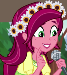 Size: 649x720 | Tagged: safe, screencap, gloriosa daisy, equestria girls, g4, my little pony equestria girls: legend of everfree, cute, daisybetes, female, grin, happy, microphone, smiling, solo