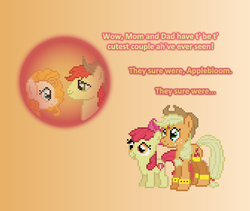 Size: 504x426 | Tagged: safe, artist:verve, apple bloom, applejack, bright mac, pear butter, earth pony, genie, pony, ain't never had friends like us, g4, the perfect pear, armband, ask, female, flashback, gradient background, headband, leg brace, looking up, male, mare, portal, ship:brightbutter, shipping, stallion, straight, tumblr
