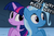 Size: 1048x690 | Tagged: safe, artist:navitaserussirus, trixie, twilight sparkle, genie, pony, asktwixiegenies, g4, cropped, female, lesbian, ship:twixie, shipping