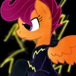 Size: 500x500 | Tagged: safe, artist:juicyjuicehypotenuse, scootaloo, pony, g4, clothes, costume, dark, female, lightning, shadowbolt scootaloo, shadowbolts, shadowbolts costume, solo