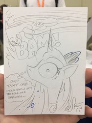 Size: 768x1024 | Tagged: safe, artist:andypriceart, derpy hooves, princess luna, alicorn, pegasus, pony, andy you magnificent bastard, breaking the fourth wall, derp, fourth wall, monochrome, sound effects, surprised, thought bubble, thousand yard stare, tongue out, traditional art, wide eyes