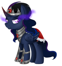 Size: 869x919 | Tagged: safe, artist:ayameshiromi, king sombra, princess luna, alicorn, pony, g4, armor, crown, ethereal mane, female, fusion, horseshoes, jewelry, looking at you, mare, regalia, simple background, solo, sombra eyes, starry mane, transparent background