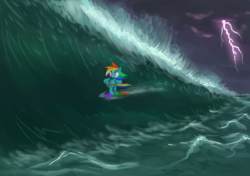 Size: 1024x720 | Tagged: safe, artist:friendshipishorses, rainbow dash, pony, g4, atg 2017, female, lightning, newbie artist training grounds, scenery, solo, surfing, wave