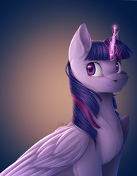 Size: 2900x3743 | Tagged: safe, artist:vavaig69, twilight sparkle, alicorn, pony, g4, bust, cute, ear fluff, female, fluffy, glowing horn, gradient background, high res, horn, leg fluff, looking at you, magic, mare, portrait, shoulder fluff, signature, sitting, smiling, solo, twiabetes, twilight sparkle (alicorn), wing fluff