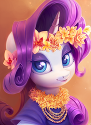 Size: 800x1100 | Tagged: safe, artist:sorcerushorserus, rarity, pony, unicorn, g4, beautiful, bust, eyeshadow, female, floral head wreath, flower, flower in hair, hawaiian, hawaiian flower in hair, horn, looking at you, makeup, mare, portrait, smiling, smiling at you, solo