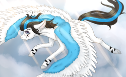 Size: 1280x782 | Tagged: safe, artist:lastaimin, oc, oc only, pegasus, pony, ear fluff, female, flying, mare, solo