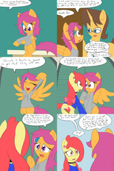 Size: 1600x2400 | Tagged: safe, artist:jake heritagu, apple bloom, doctor horse, doctor stable, scootaloo, earth pony, pony, comic:ask motherly scootaloo, g4, clothes, comic, doctor's office, glasses, hairpin, motherly scootaloo, sweatshirt