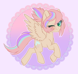 Size: 3317x3160 | Tagged: safe, artist:hawthornss, oc, oc only, oc:sweet skies, pegasus, pony, blushing, cute, high res, looking at you, one eye closed, ponytail, underhoof, wink