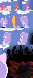 Size: 2400x5600 | Tagged: safe, artist:jake heritagu, diamond tiara, scootaloo, pony, comic:ask motherly scootaloo, g4, aura, clothes, comic, dress, hairpin, motherly scootaloo, present, red eyes, this will end in death, this will end in tears and/or death