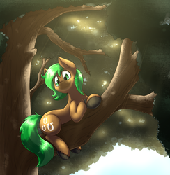 Size: 2600x2665 | Tagged: safe, artist:otakuap, oc, oc only, oc:jaeger sylva, earth pony, pony, canopy, cute, high res, male, sitting in a tree, smiling, solo, stallion, tree, tree branch, ych result