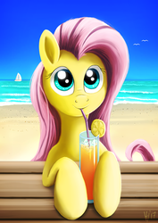 Size: 1480x2093 | Tagged: safe, artist:jphyperx, fluttershy, pegasus, pony, g4, beach, bust, cocktail, cute, drink, drinking, drinking straw, female, hoof hold, looking at you, mare, ocean, portrait, shyabetes, solo
