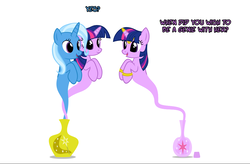 Size: 1048x688 | Tagged: safe, artist:navitaserussirus, trixie, twilight sparkle, genie, pony, g4, cropped, female, lesbian, ship:twixie, shipping