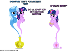 Size: 1048x700 | Tagged: safe, artist:navitaserussirus, trixie, twilight sparkle, genie, pony, g4, cropped, female, lesbian, ship:twixie, shipping