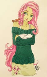 Size: 791x1280 | Tagged: safe, artist:candasaurus, angel bunny, fluttershy, bird, equestria girls, g4, carrying, clothes, off shoulder, simple background, sleeping, smiling, sweater, sweater dress, sweatershy, traditional art