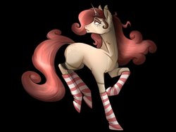 Size: 1024x768 | Tagged: safe, artist:bootsdotexe, oc, oc only, oc:pink star, pony, unicorn, black background, blank flank, clothes, commission, female, looking back, mare, raised hoof, simple background, socks, solo, stockings, striped socks, thigh highs