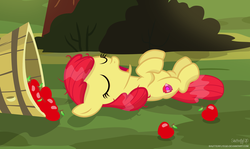 Size: 3340x1990 | Tagged: safe, artist:shutterflyeqd, apple bloom, earth pony, pony, g4, apple, bucket, bush, female, filly, food, messy mane, open mouth, sleeping, solo, the cmc's cutie marks, tired, tree