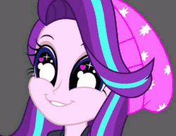 Size: 400x310 | Tagged: safe, artist:conikiblasu-fan, edit, starlight glimmer, equestria girls, equestria girls specials, g4, mirror magic, animated, beanie, bust, cute, female, gif, glimmerbetes, glimmie, gray background, hat, image macro, irrational exuberance, meme, portrait, simple background, smiling, solo, vibrating, x intensifies