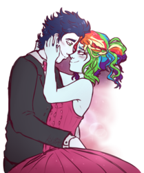 Size: 881x1056 | Tagged: safe, artist:monnarcha, rainbow dash, soarin', human, equestria girls, g4, clothes, dress, equestria girls-ified, female, looking at each other, male, multicolored hair, pony coloring, ship:soarindash, shipping, simple background, smiling, straight, suit, transparent background