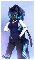 Size: 1868x3154 | Tagged: safe, artist:xwhitedreamsx, oc, oc only, oc:leona, anthro, anthro oc, clothes, commission, female, gradient mane, hair over one eye, looking at you, mare, pants, shirt, smiling, solo, vest